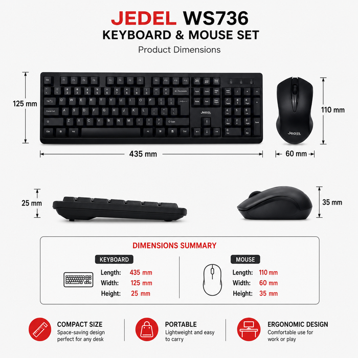 JEDEL WS736 Wireless Keyboard and Mouse Combo for Office & Home Use
