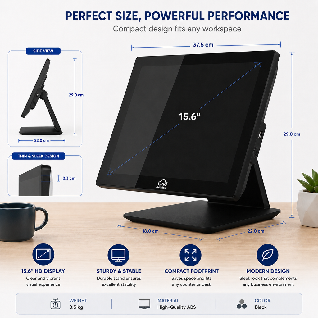 AL BASEET BAS-156R1 All-in-One POS System | Intel Core i5 4th Gen | 15.6" Touch Screen | 8GB RAM | 128GB SSD | WiFi, Bluetooth, LAN Ethernet & 5 USB Ports for Retail & Restaurant POS