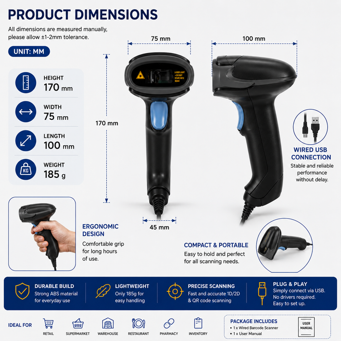 AL BASEET BAS-S014P Wired 2D Barcode Scanner with USB Connection & QR Code Reader for POS, Retail & Warehouse Management
