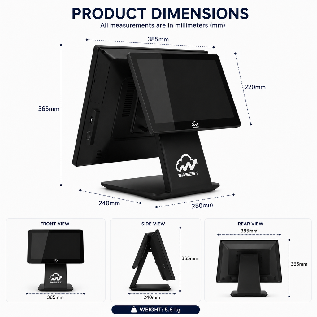 AL BASEET Dual Screen All-in-One POS System | Intel Core i5 4th Gen | 15.6" Main Display + 10.1" Customer Display | 8GB RAM | 128GB SSD | WiFi, Bluetooth, LAN Ethernet & 5 USB Ports for Retail, Restaurant & Supermarket