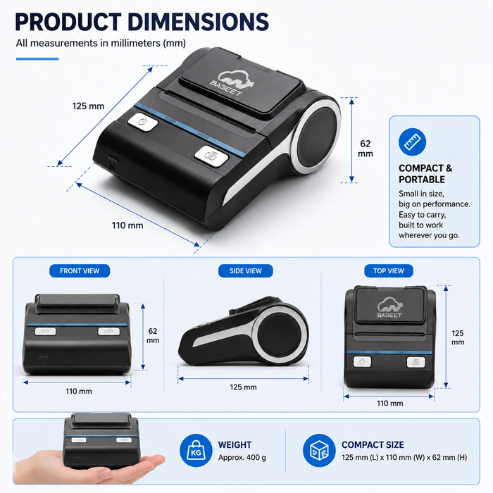 AL BASEET BAS-374 Thermal Receipt Printer 80x80mm High-Speed USB POS Printer for Retail, Restaurants & Supermarkets