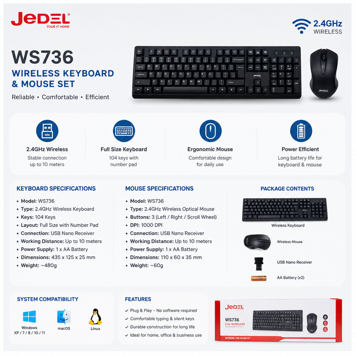 JEDEL WS736 Wireless Keyboard and Mouse Combo for Office & Home Use