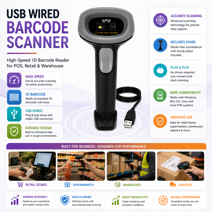 AL BASEET USB Wired Barcode Scanner with Stand – High-Speed 1D Barcode Reader for POS, Retail & Warehouse BAS-5260