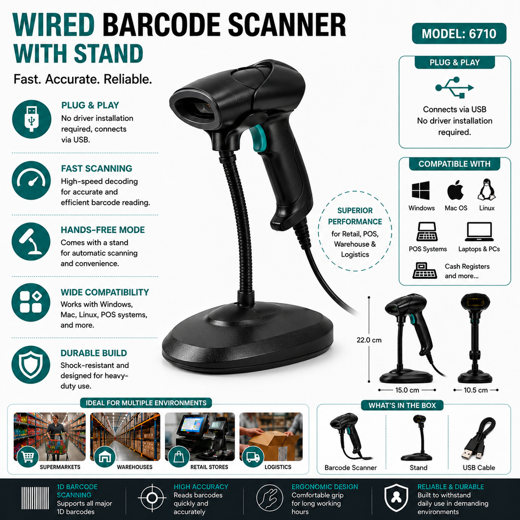 BASEET Wired Handheld Barcode Scanner with Stand, USB 1D/2D QR Code Reader for POS Retail Warehouse BAS-6710