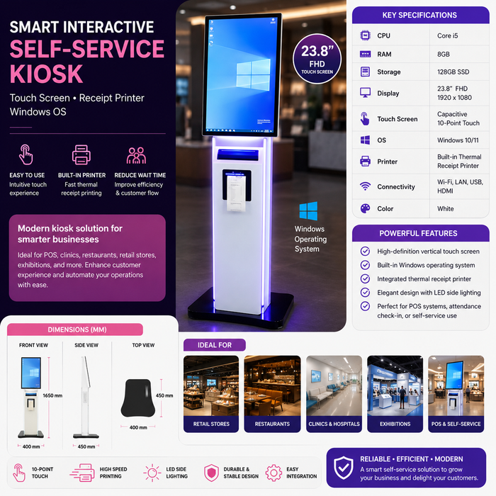 AL BASEET SW238 Interactive Self-Service Kiosk with Touch Screen & Built-in Receipt Printer – Windows OS Digital POS Kiosk for Restaurants, Retail Stores, Ticketing & Customer Service