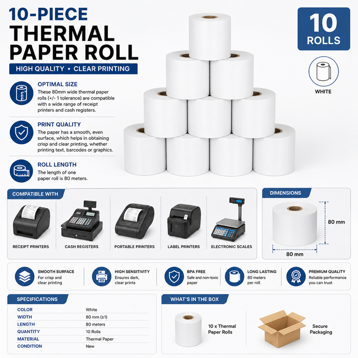 10PCS Premium Thermal Cash Register Paper Rolls for POS & Billing Counters