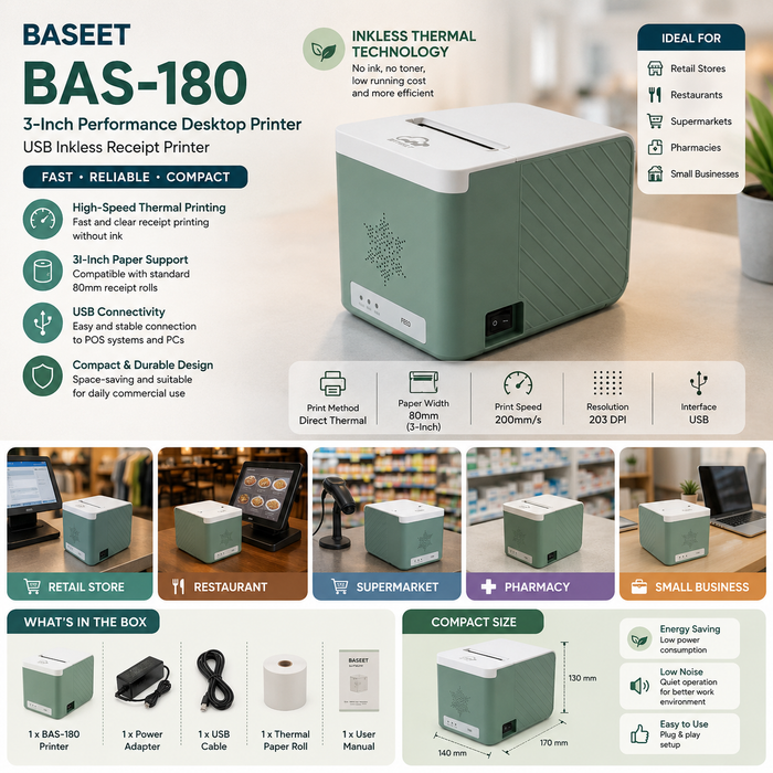 AL BASEET USB Thermal Receipt Printer for Retail Shops Supermarkets Pharmacies & POS Counters