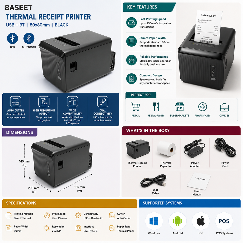 AL BASEET BAS-376 High-Speed 80x80 Thermal Receipt Printer with USB & Bluetooth Connectivity