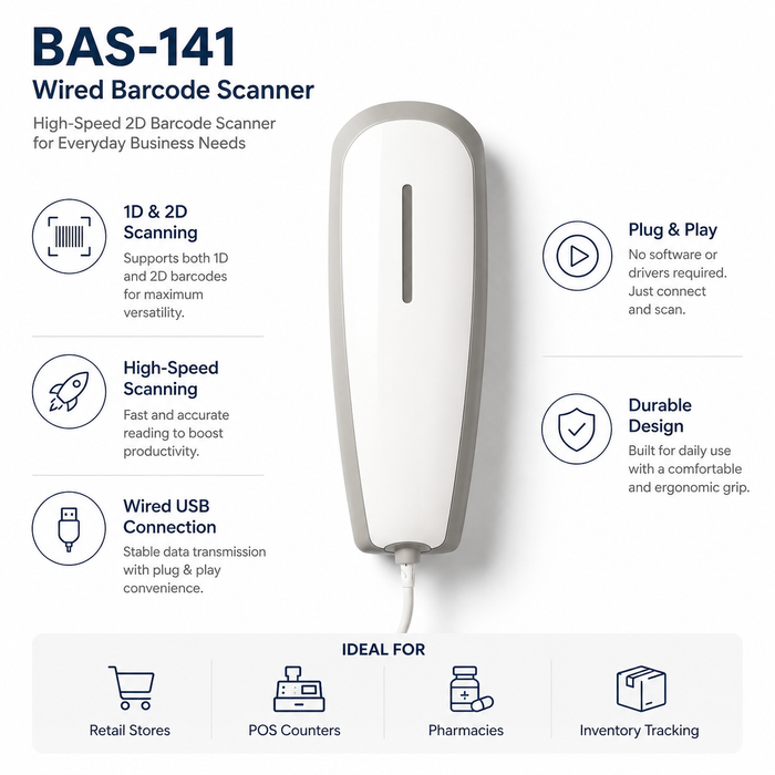 AL BASEET BAS-141 Wired Handheld Barcode Scanner White – 1D & 2D USB Barcode Reader for POS, Retail & Warehouse