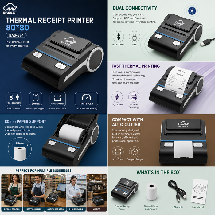 AL BASEET BAS-374 Thermal Receipt Printer 80x80mm High-Speed USB POS Printer for Retail, Restaurants & Supermarkets