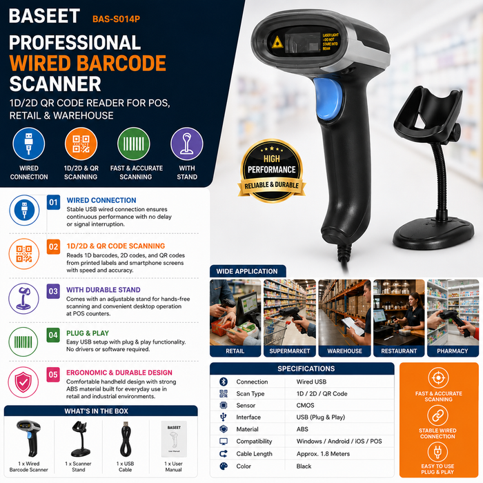 AL BASEET BAS-S014P Wired 2D Barcode Scanner with USB Connection & QR Code Reader for POS, Retail & Warehouse Management