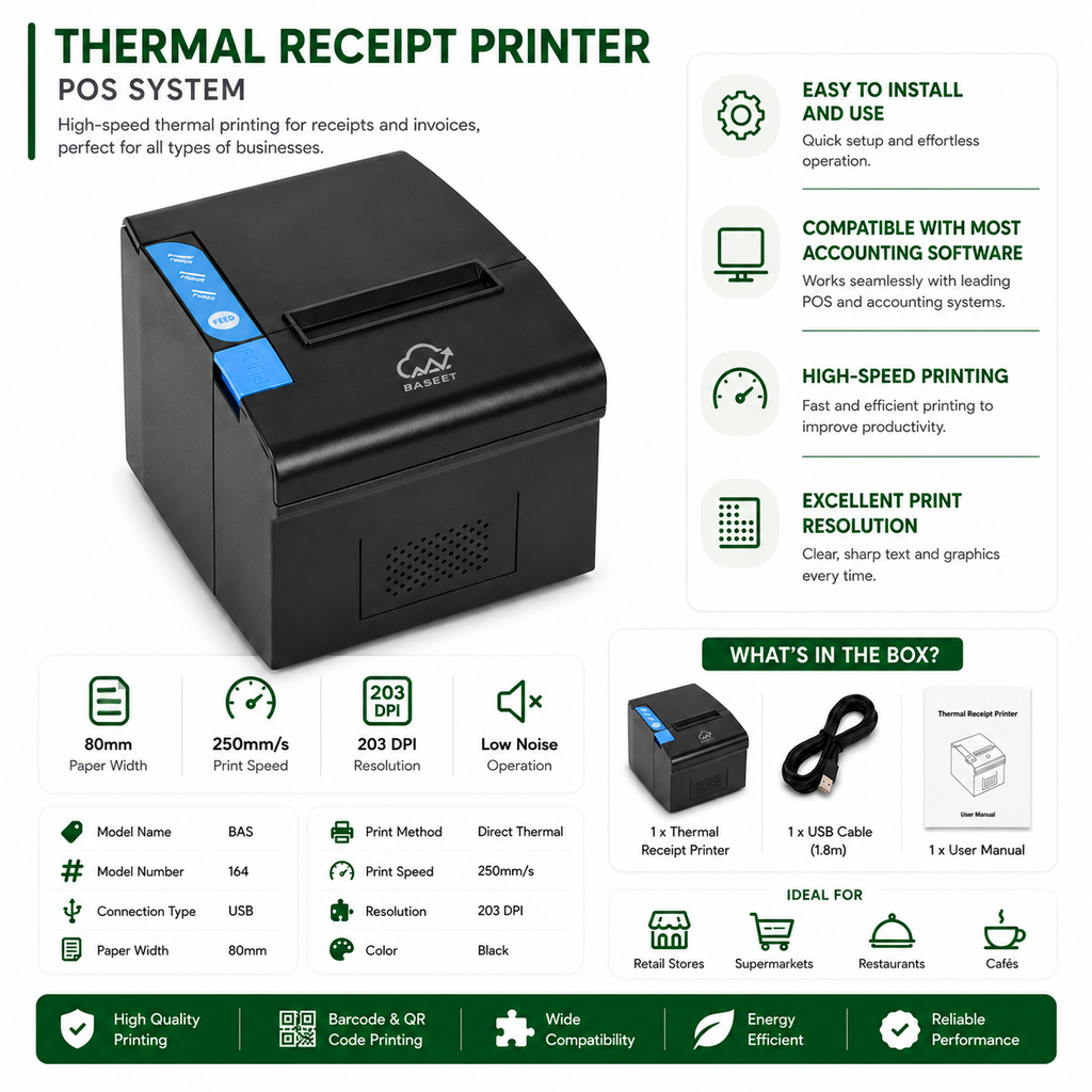 BASEET BAS-164 Thermal Receipt Printer 80×80 – High-Speed POS System Printer for Retail, Restaurant & Billing Counters