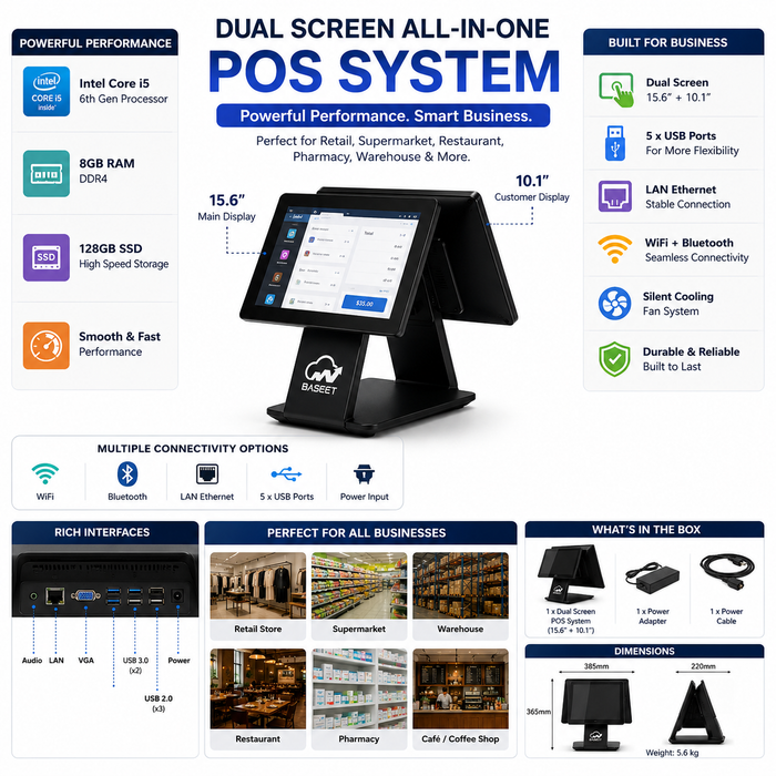 Al BASEET Dual Screen All-in-One POS System Core i5 6th Gen Baseet 15.6 Inch + 10.1 Inch | 8GB RAM | 128GB SSD | WiFi Bluetooth | LAN Ethernet | 5 USB Ports