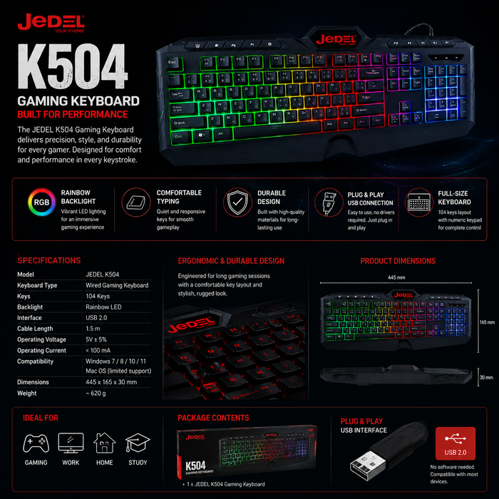 JEDEL K504 Gaming Wired Keyboard RGB LED – 104 Keys Multimedia USB Gaming Keyboard with Anti-Ghosting for PC & Laptop