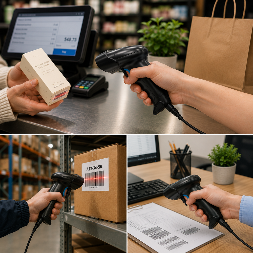 BASEET Wired Handheld Barcode Scanner with Stand, USB 1D/2D QR Code Reader for POS Retail Warehouse BAS-6710