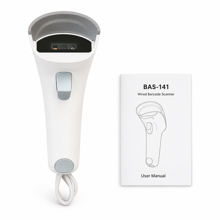 AL BASEET BAS-141 Wired Handheld Barcode Scanner White – 1D & 2D USB Barcode Reader for POS, Retail & Warehouse