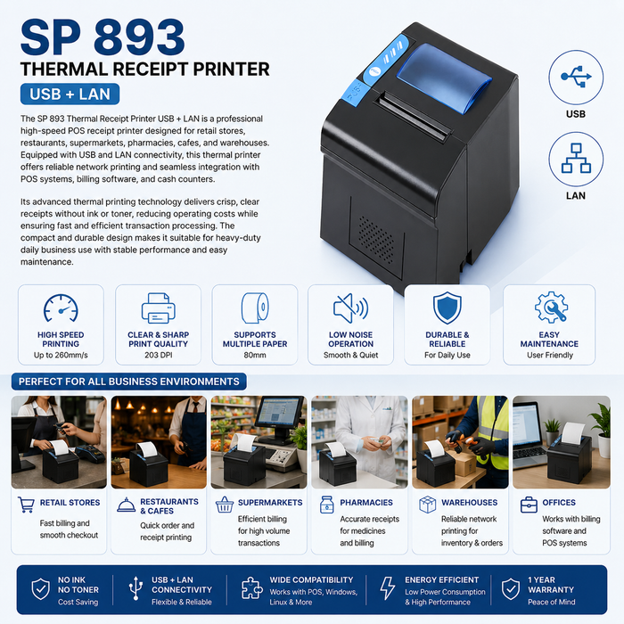 SP 893 POS Thermal Receipt Printer 80mm USB + Ethernet Printer for Restaurants & Supermarkets
