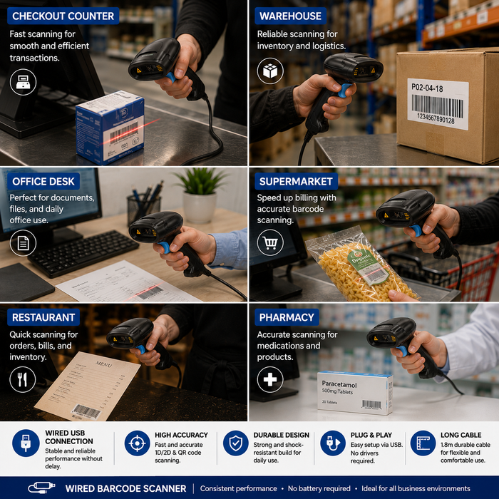 AL BASEET BAS-S014P Wired 2D Barcode Scanner with USB Connection & QR Code Reader for POS, Retail & Warehouse Management