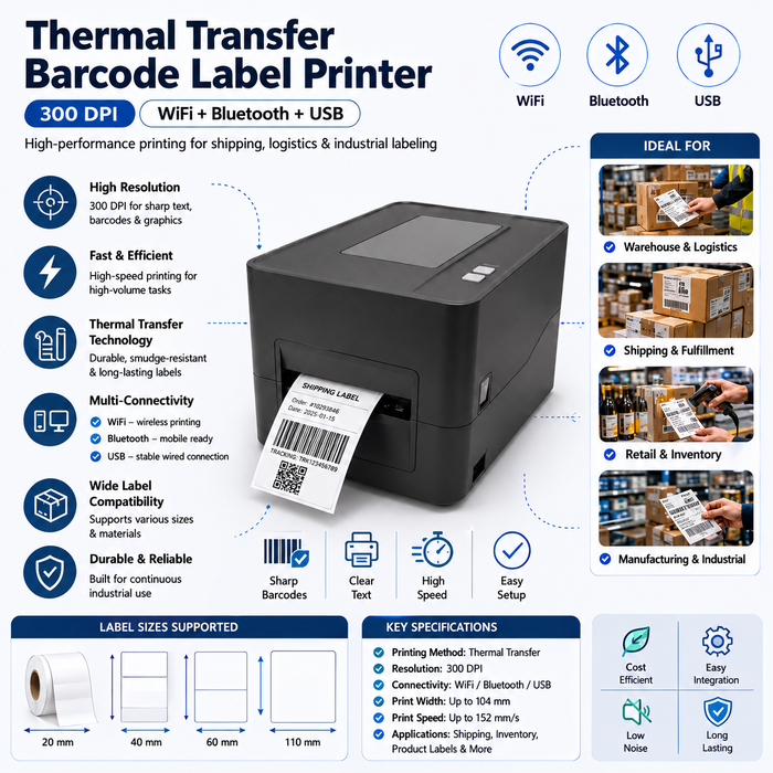 HT Industrial Direct Thermal Barcode Printer 300DPI USB WiFi Bluetooth for Courier & Logistics Labels