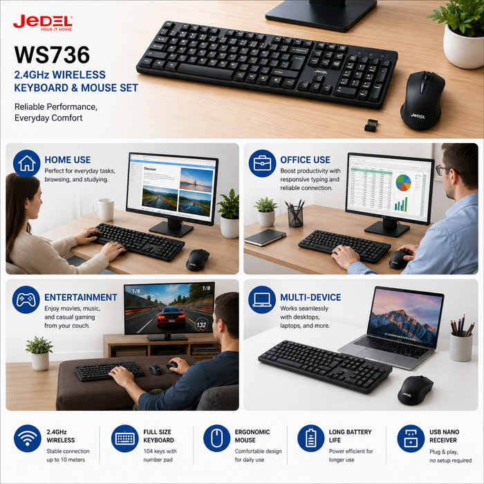 JEDEL WS736 Wireless Keyboard and Mouse Combo for Office & Home Use