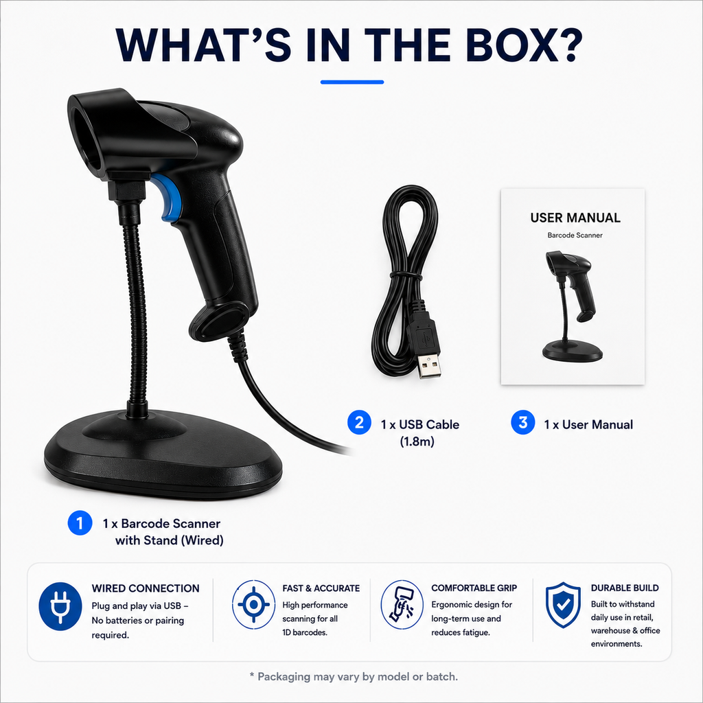 BASEET Wired Handheld Barcode Scanner with Stand, USB 1D/2D QR Code Reader for POS Retail Warehouse BAS-6710