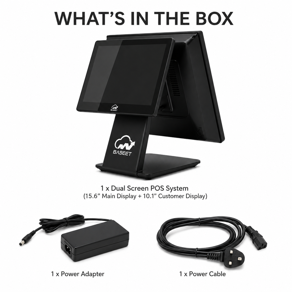 AL BASEET Dual Screen All-in-One POS System | Intel Core i5 4th Gen | 15.6" Main Display + 10.1" Customer Display | 8GB RAM | 128GB SSD | WiFi, Bluetooth, LAN Ethernet & 5 USB Ports for Retail, Restaurant & Supermarket