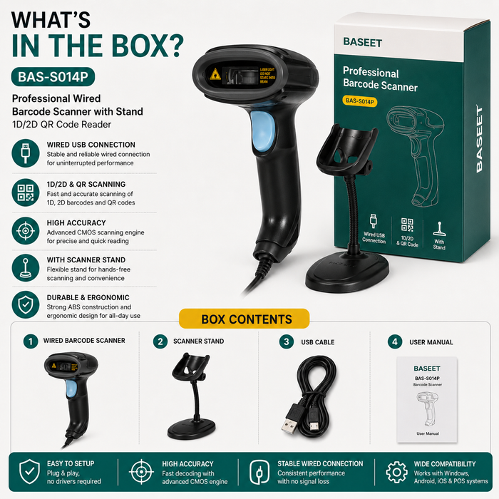 AL BASEET BAS-S014P Wired 2D Barcode Scanner with USB Connection & QR Code Reader for POS, Retail & Warehouse Management