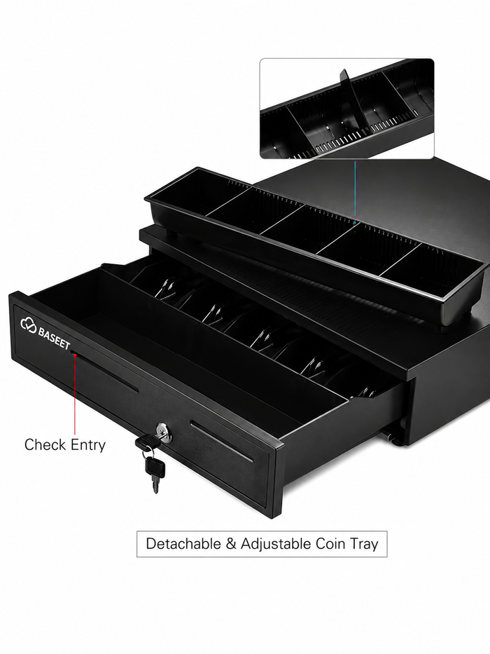 Heavy-Duty POS Cash Drawer – 5 Bill & 5 Coin Compartments, Secure Lock, Black Metal