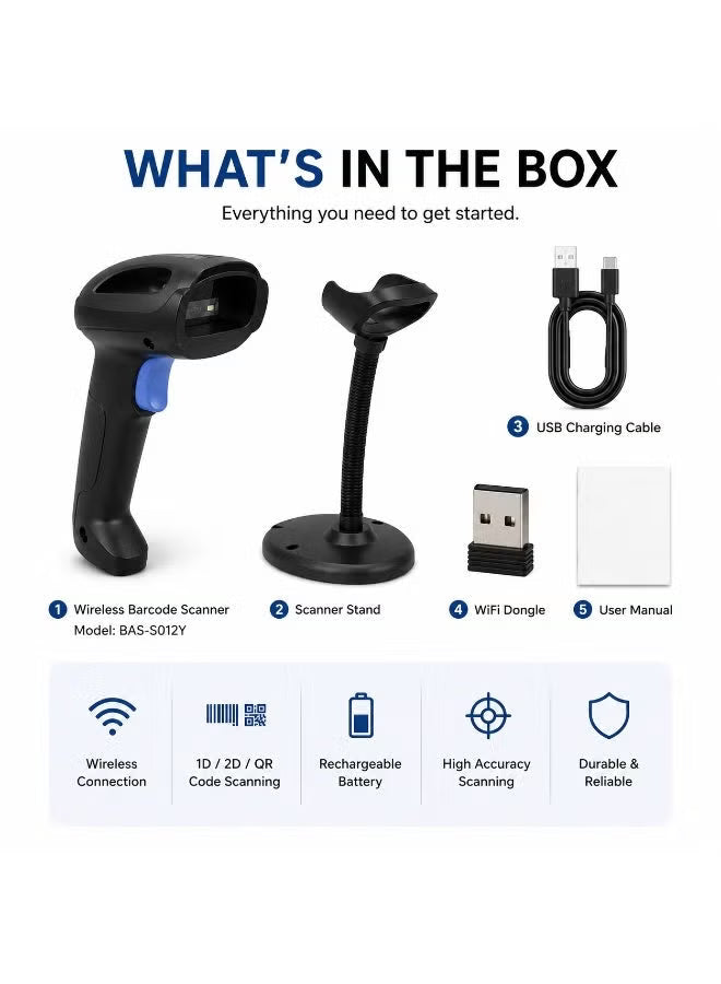AL BASEET Wireless Barcode Scanner S012Y with WiFi Dongle, Auto Scan Stand & USB Cable – 1D/2D QR Code Reader for POS Retail Warehouse