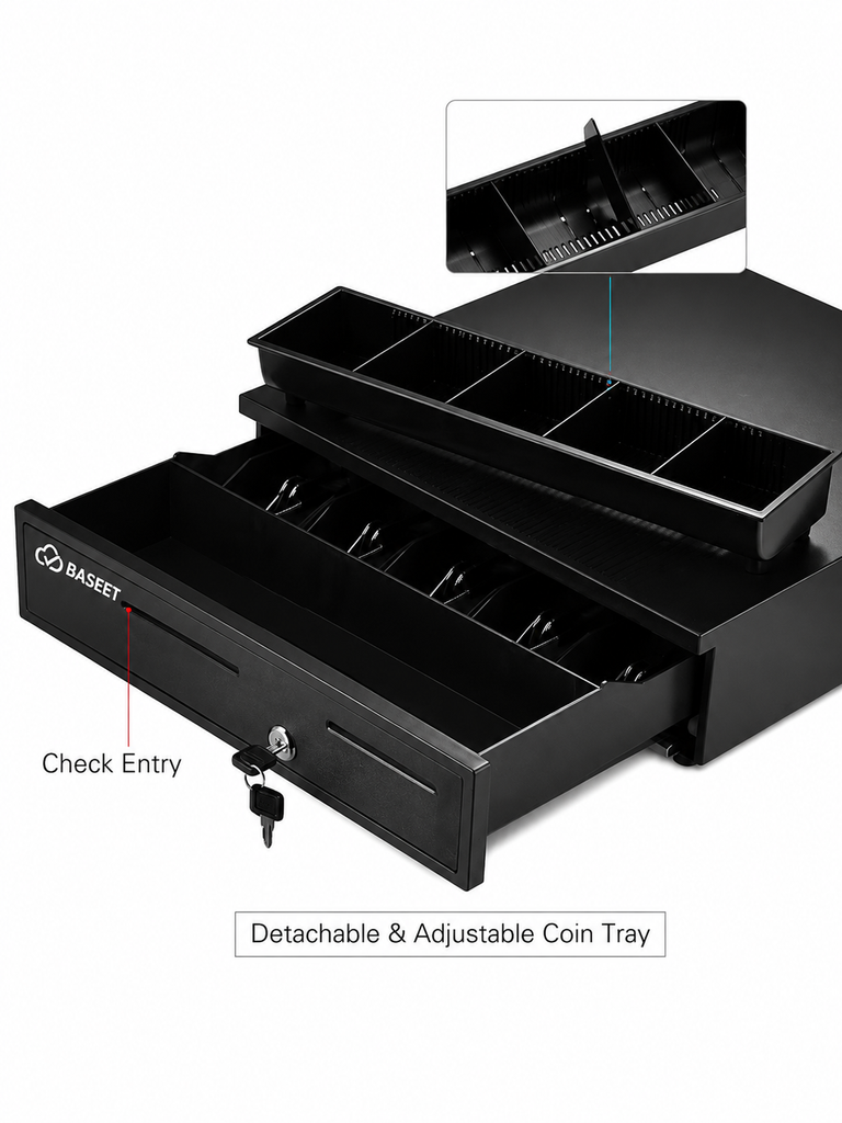 Heavy-Duty POS Cash Drawer – 5 Bill & 5 Coin Compartments, Secure Lock, Black Metal