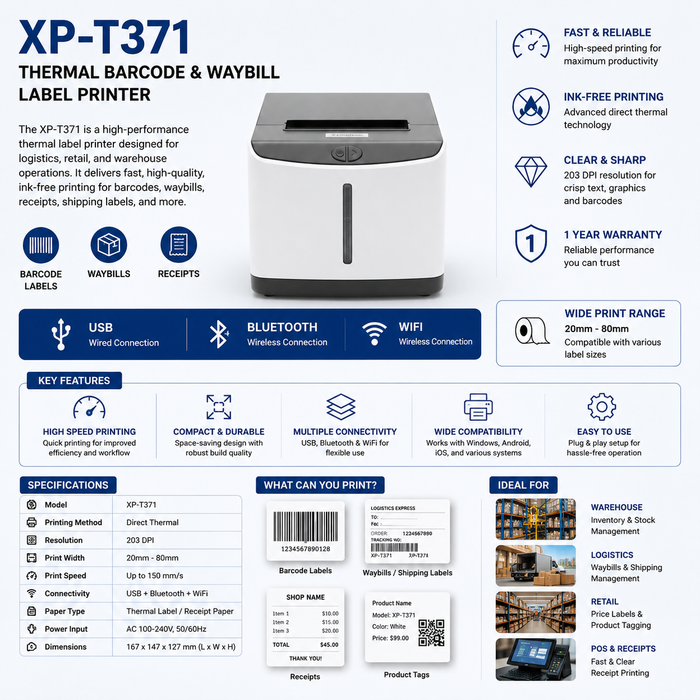 X PRINTER Wireless Thermal Shipping Label Printer with USB Bluetooth WiFi for Logistics & Warehouses XP-T371