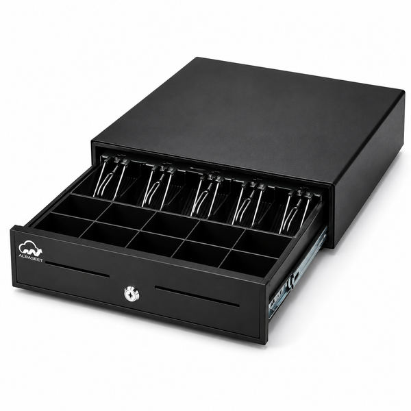 Heavy-Duty POS Cash Drawer – 5 Bill & 5 Coin Compartments, Secure Lock, Black Metal