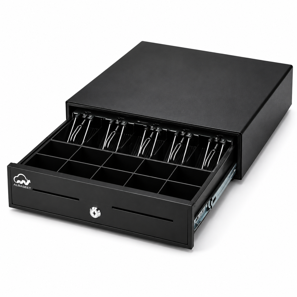 Heavy-Duty POS Cash Drawer – 5 Bill & 5 Coin Compartments, Secure Lock, Black Metal
