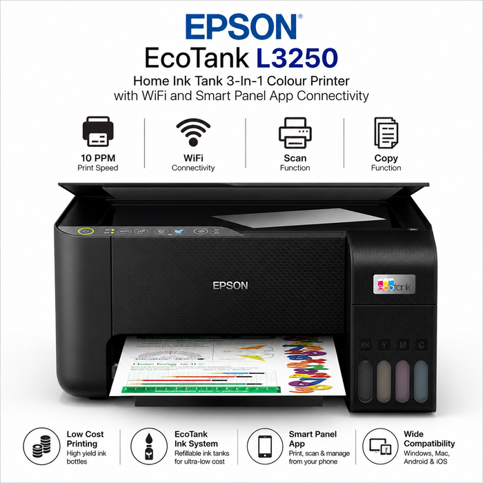 EPSON Ecotank L3250 Home Ink Tank 3-In-1 Colour Printer With Wifi And Smartpanel App Connectivity Black