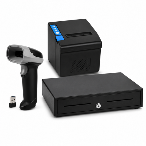 AL BASEET Complete POS Bundle with Wireless 2D Barcode Scanner, Thermal Receipt Printer & Cash Drawer for Retail Stores, Restaurants & Supermarkets