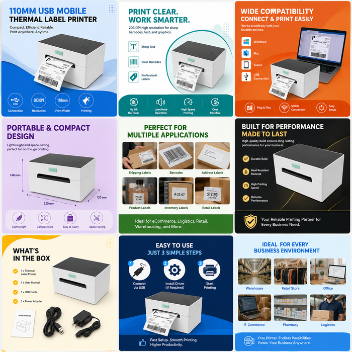 110mm USB Mobile Thermal Label Printer for Shipping Labels & Stickers MAC/PC/Tablet Compatible in Stock 203dpi KR-9220