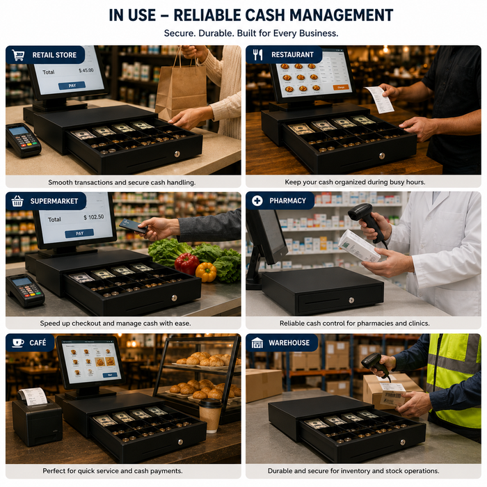 AL BASEET Cash Drawer Register – 4 Bill Compartments, Automatic Open, POS System Compatible BAS-330