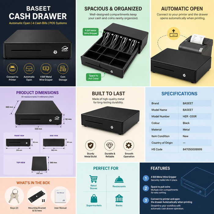 AL BASEET Cash Drawer Register – 4 Bill Compartments, Automatic Open, POS System Compatible BAS-330